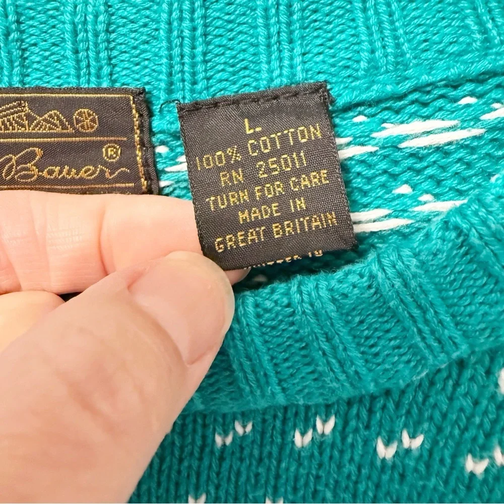 Vintage Eddie Bauer Mens Bird's Eye Teal Crewneck 100% Cotton Sweater Size Large